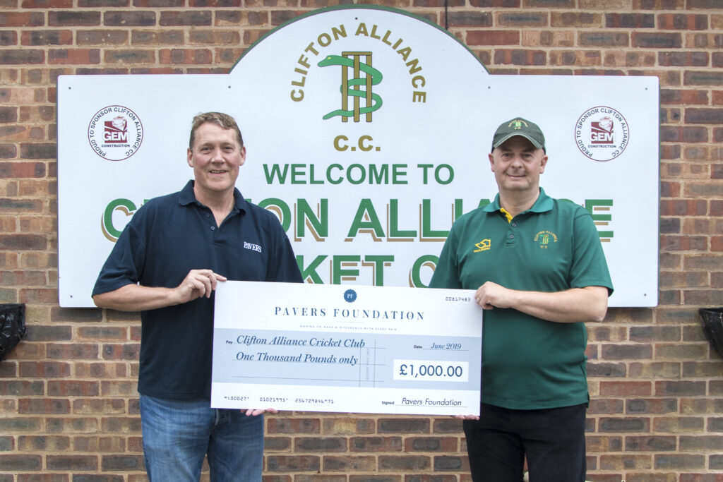 Mark Granger, Director of Operations at Pavers handing the cheque over to David Heartshorne, Club Chairman at Clifton Alliance Cricket Club 